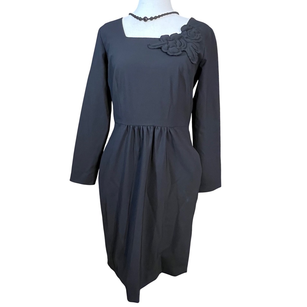 Piazza Sempione Dress Womens S Black Floral Applique Long Sleeve Sheath Elegant